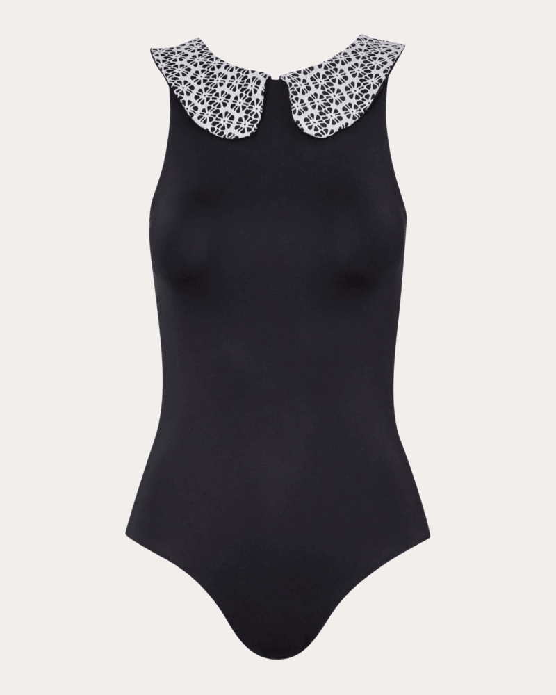 Verdelimon Women's Silvia Floral Mesh Collared One-Piece in Black Polyester/Mesh