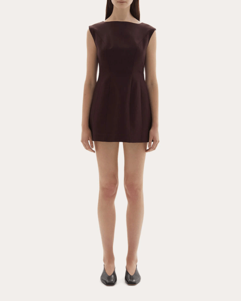 JOAEN Women's Kelli Wool Structured Boatneck Mini Dress in Purple Wool/Viscose