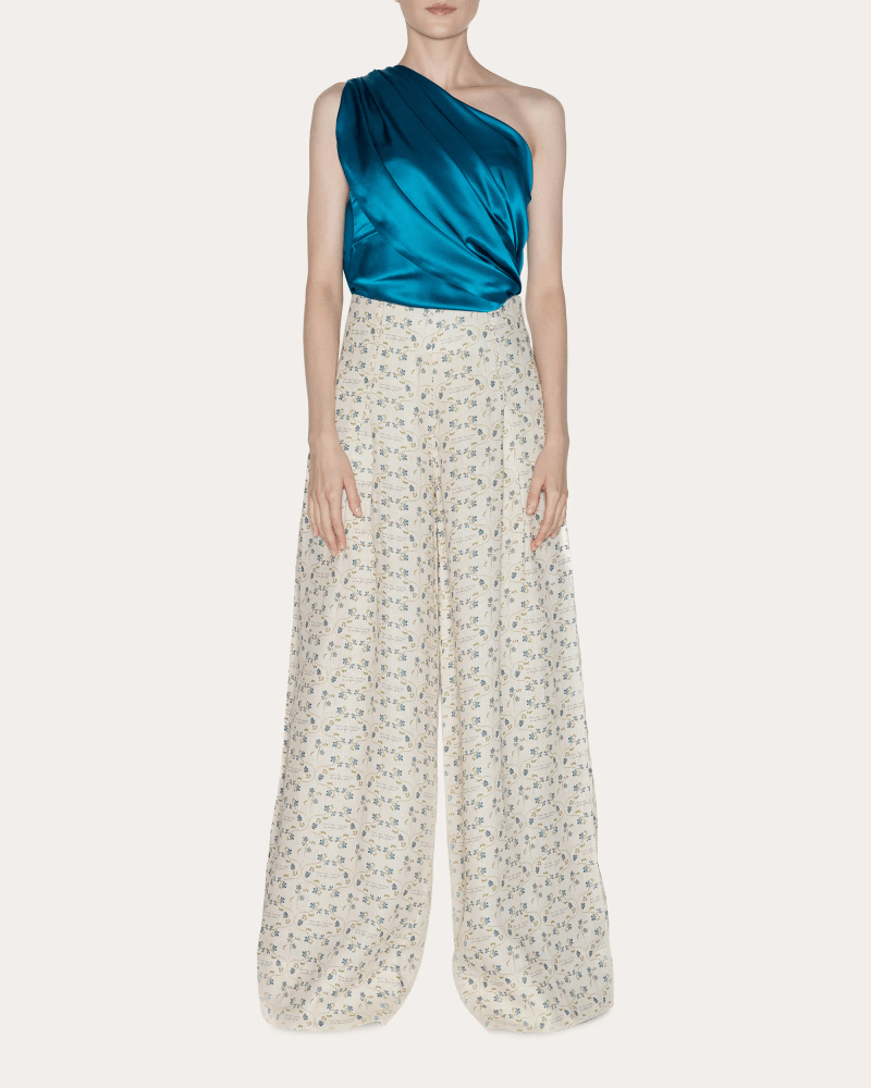 Lia Cohen Women's Timeless Floral Linen Pleated Wide-Leg Pants in White Cotton/Linen