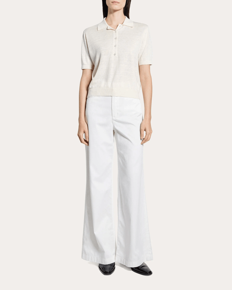 Theory Women's Sheer Linen Knit Cropped Polo Top in White Linen/Viscose