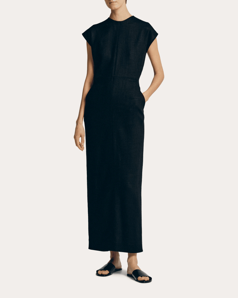 SEV Women's Linen Cap-Sleeve Midi Dress in Black Linen/Viscose/Polyester