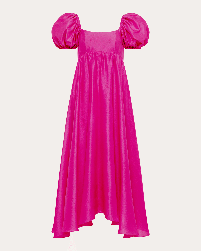 Azeeza Women's Rory Silk Puff-Sleeve Midi Dress in Magenta