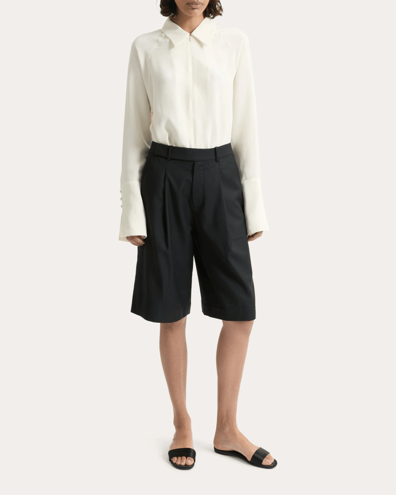 JOAEN Women's Ila Pleated Wool Bermuda Shorts in Black Wool/Viscose