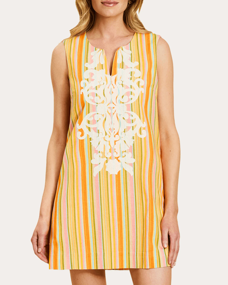 Mestiza Women's Belize Embroidered Stripe Mini Shift Dress in Orange Cotton/Linen