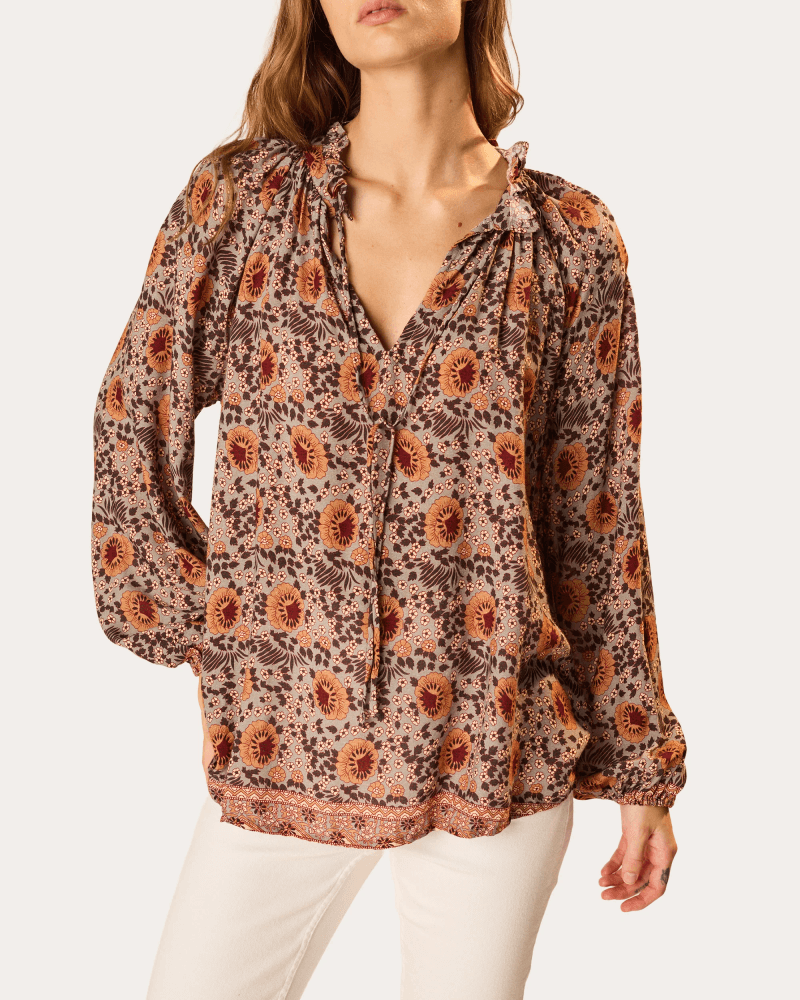 Natalie Martin Women's Penny Floral Gathered Ruffle Blouse Rayon