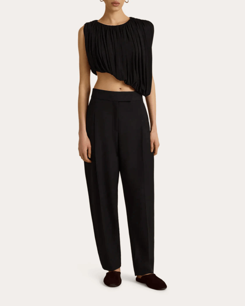 Marina Moscone Women's Jersey Gathered Drape Asymmetric Crop Top in Black Viscose/Elastane