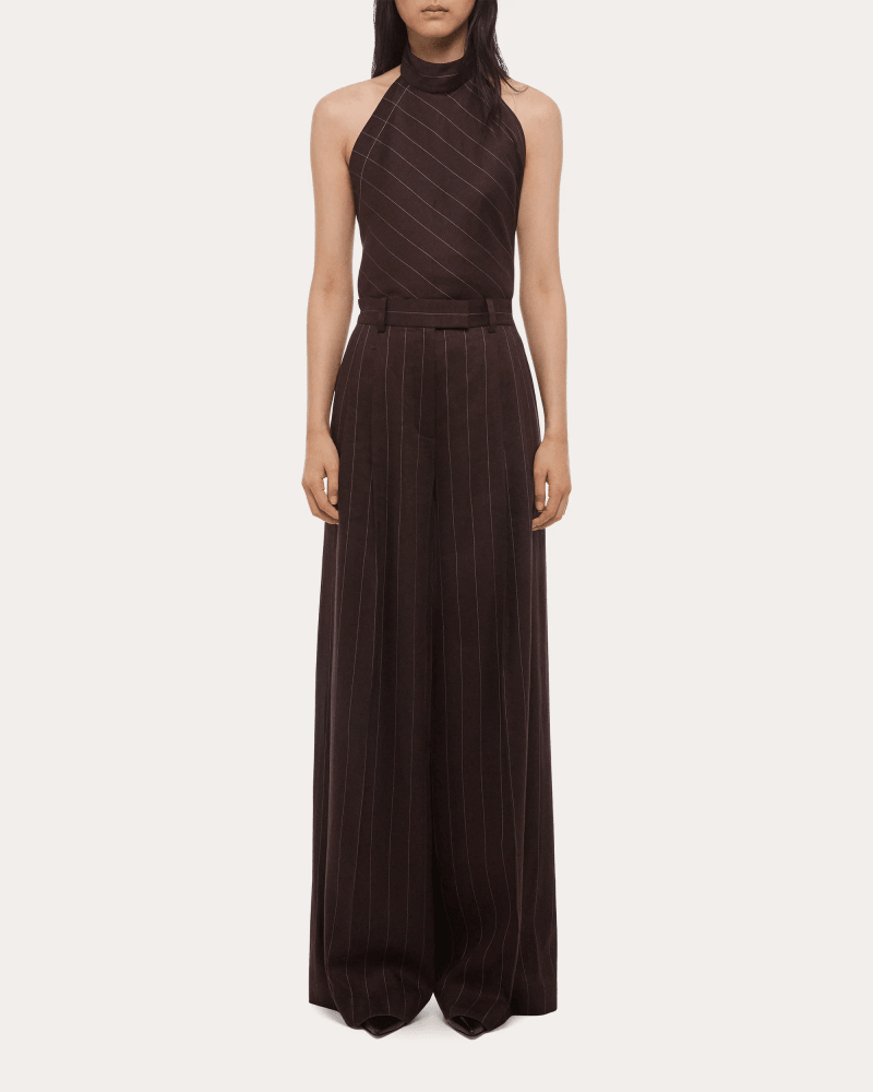 Helmut Lang Women's Pinstripe Pleated Wide-Leg Trousers in Brown Linen/Viscose/Elastane