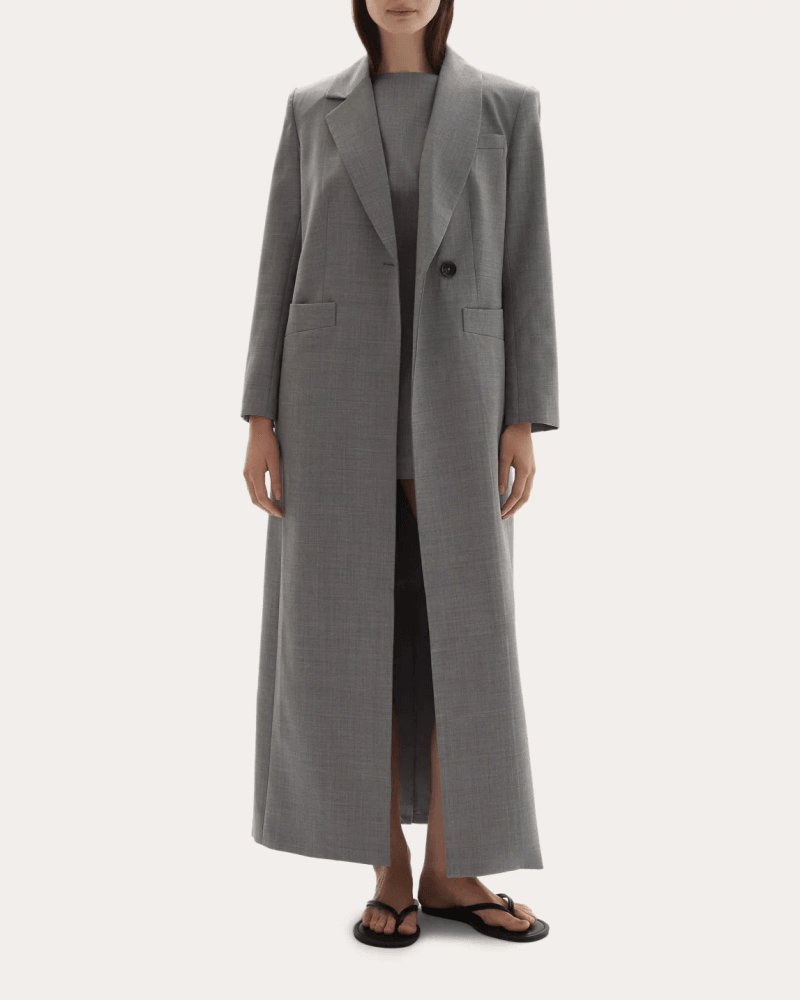 JOAEN Women's Allora Wool Asymmetric Lapel Coat in Grey Wool/Viscose