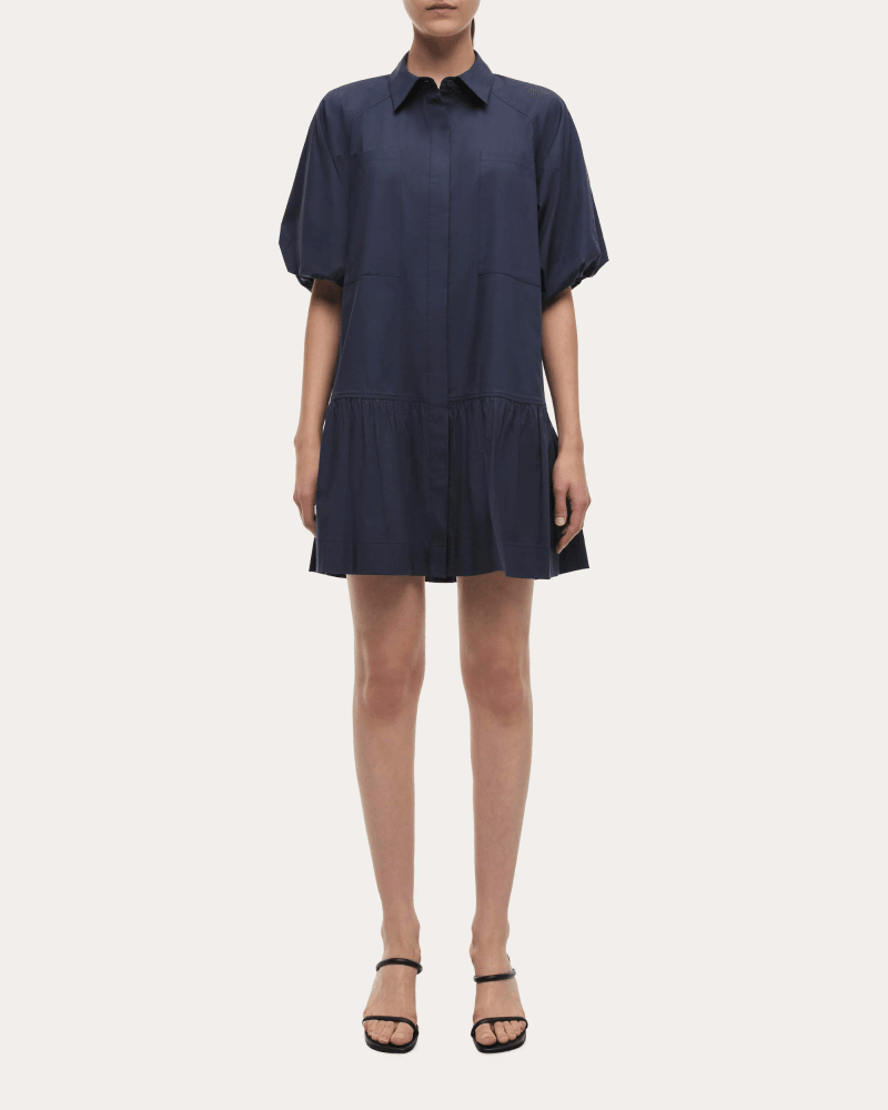 SIMKHAI Women's Crissy Poplin Drop-Waist Shirt Dress in Blue Cotton/Spandex