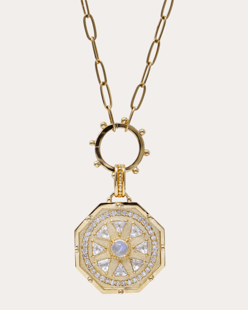 Anzie Women's Moonstone & Topaz Aztec Octagon Deco Medallion Necklace in Yellow Gold 14K Gold