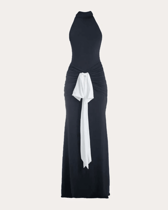 Francisco Arce Women's Sael Gathered Bow Mock Neck Gown in Black Polyester