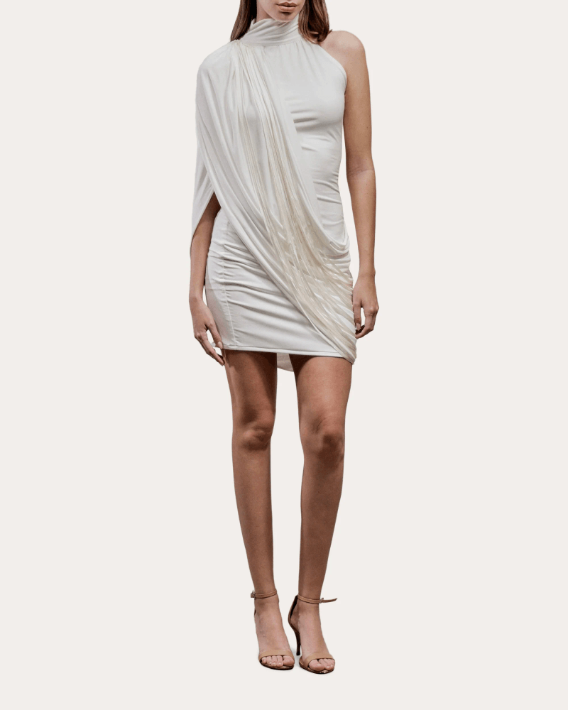 Francisco Arce Women's Kri Asymmetric Drape Mini Dress in White Silk/Polyester