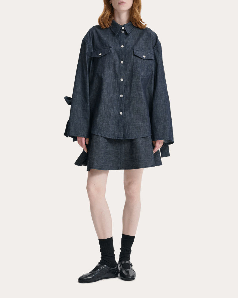 Cecilie Bahnsen Women's Coral Denim Bow-Sleeve Shirt in Blue Cotton/Denim