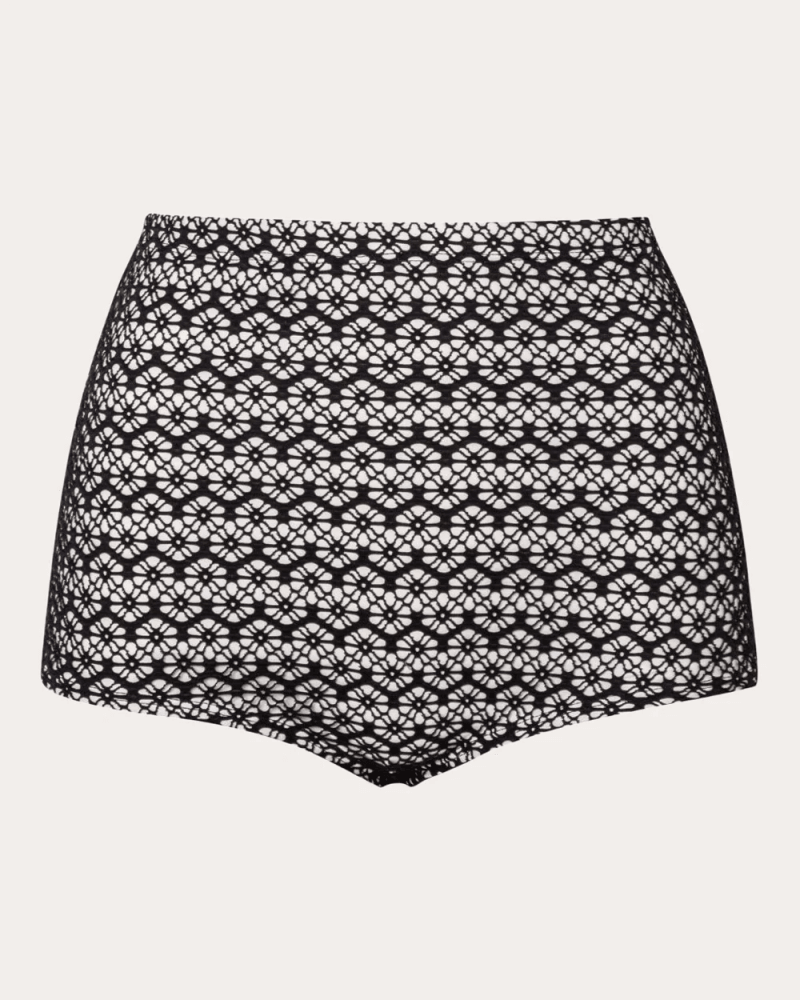 Verdelimon Women's Jane Floral Mesh Boyshort Bikini Bottoms in Black Flowers Cotton/Nylon/Elastane