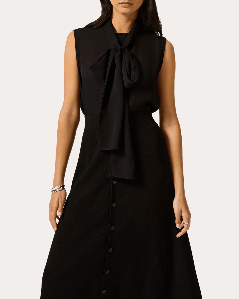 Argent Women's Silk Georgette Sleeveless Bow Blouse in Black