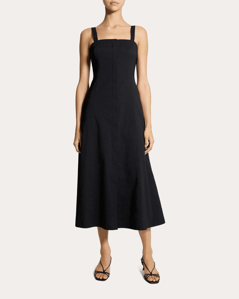 Theory Women's Good Linen Square Neck Flared Midi Dress in Black Linen/Viscose/Elastane