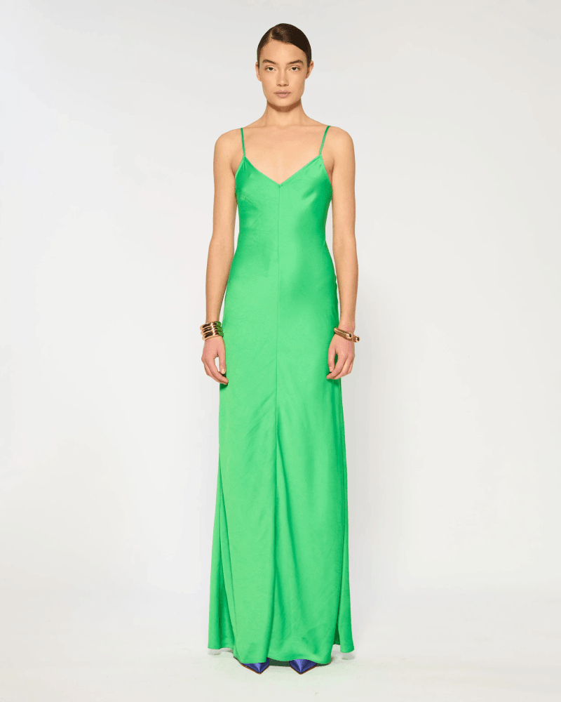 Crinkled Satin Slip Dress - Classic Green