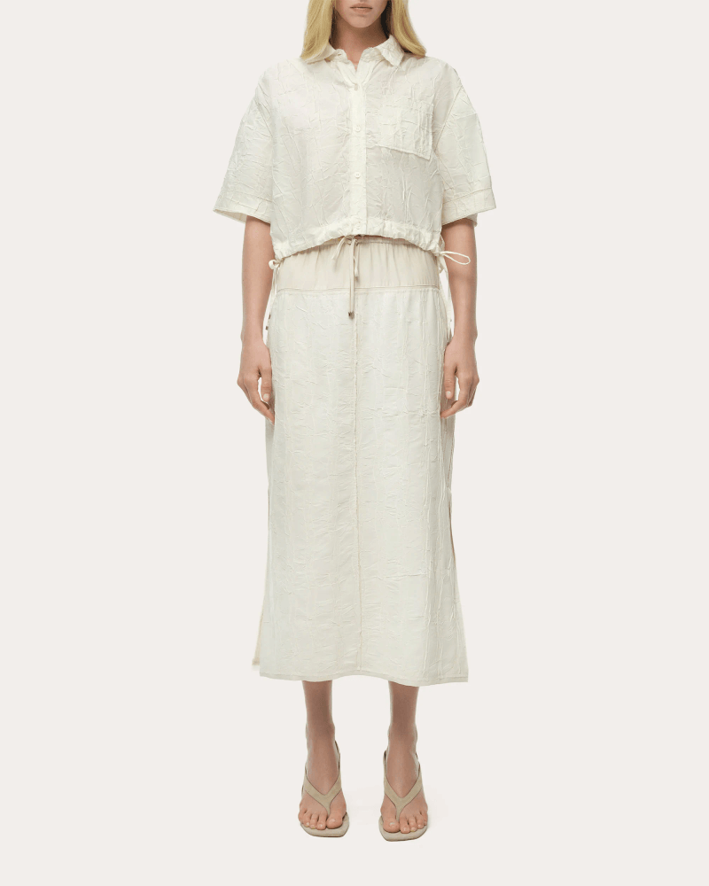 SIMKHAI Women's Huxen Textured Wave Drawstring Midi Skirt in White Rayon/Polyester