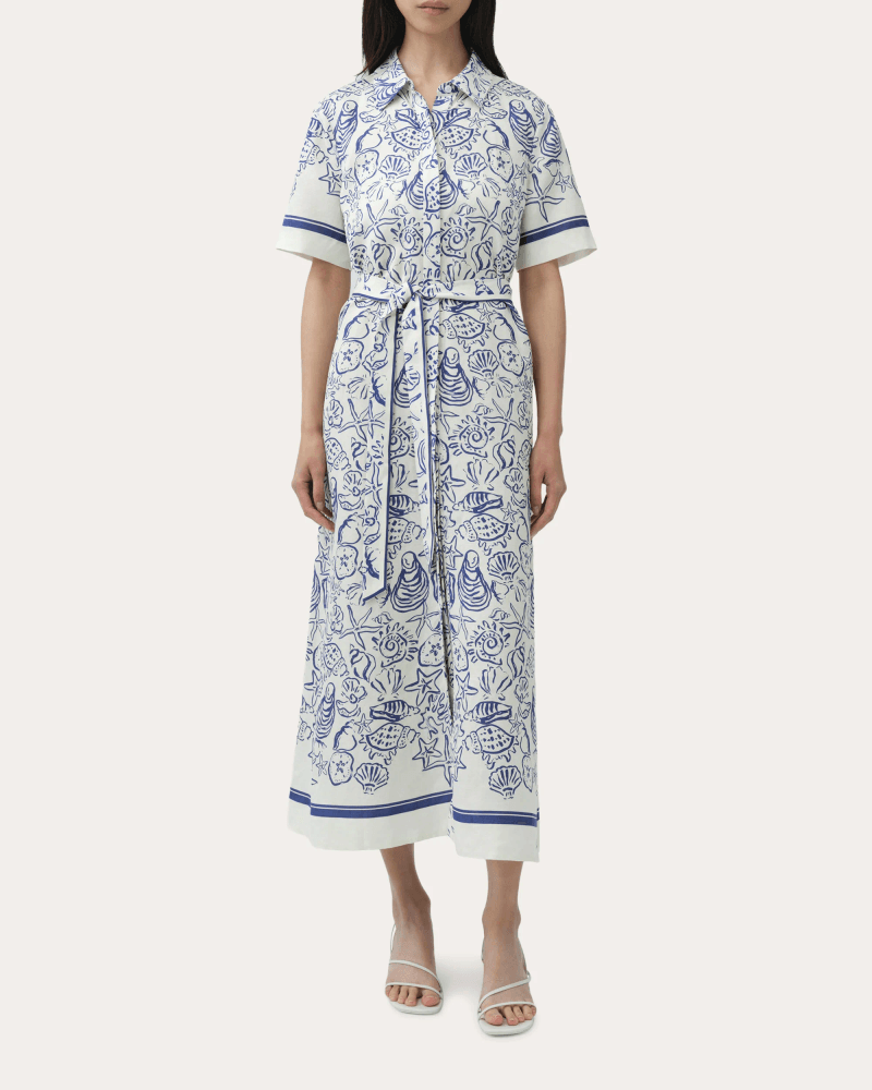 SIMKHAI Women's Audria Seashell Linen Belted Midi Shirt Dress in Blue Cotton/Linen/Viscose