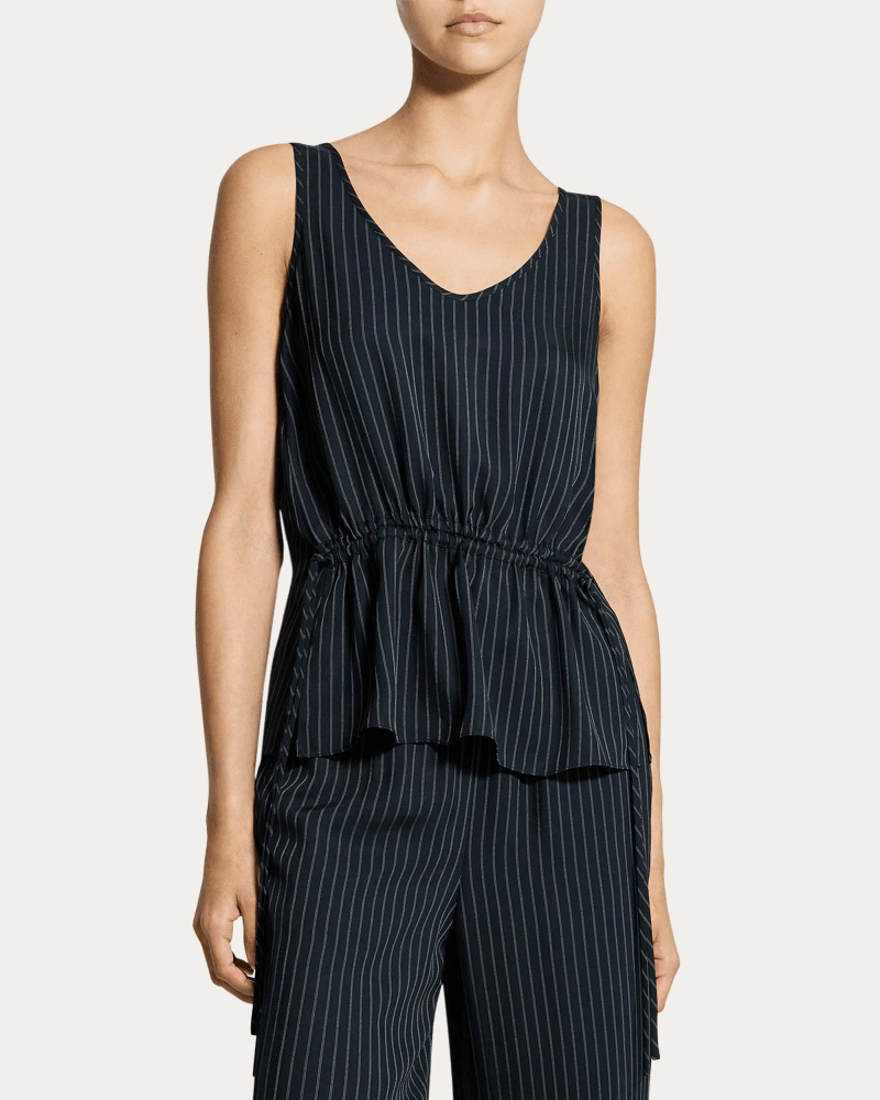 Theory Women's Washed Twill Stripe Drawstring Tank Top in Black Rayon/Acetate