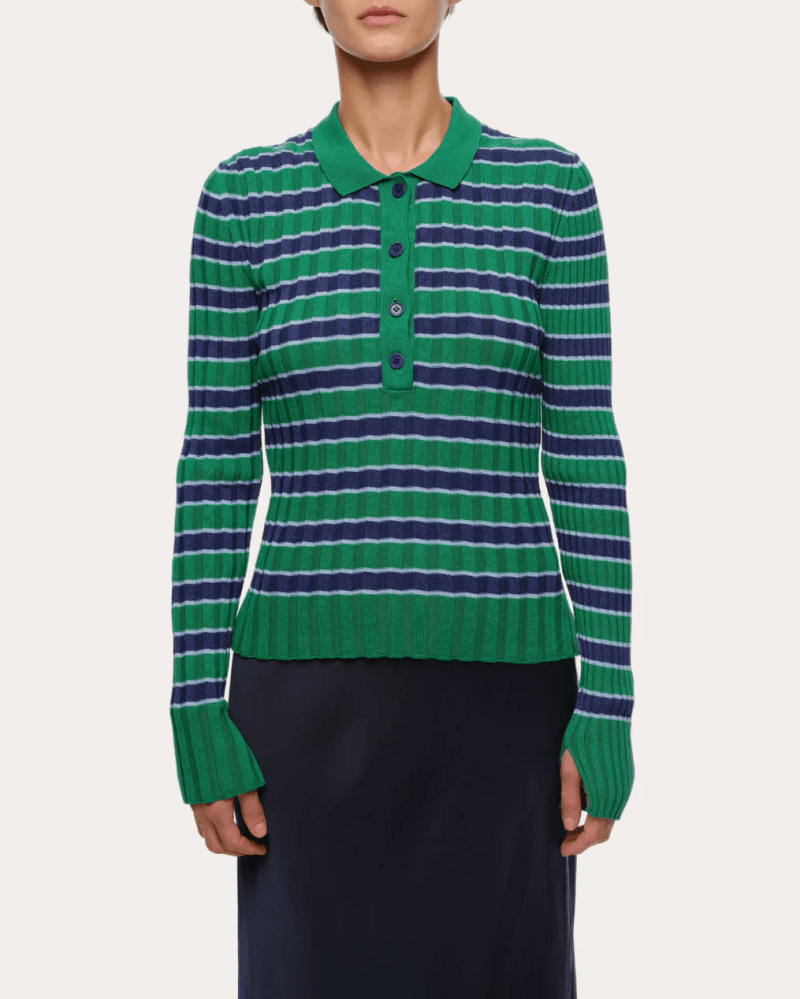 EOLAS Women's Silvia Stripe Ribbed Cotton Polo Sweater in Green