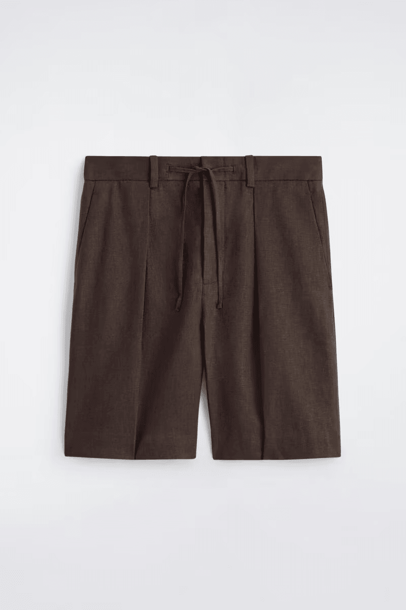 Pleated Linen Drawstring Shorts in Brown