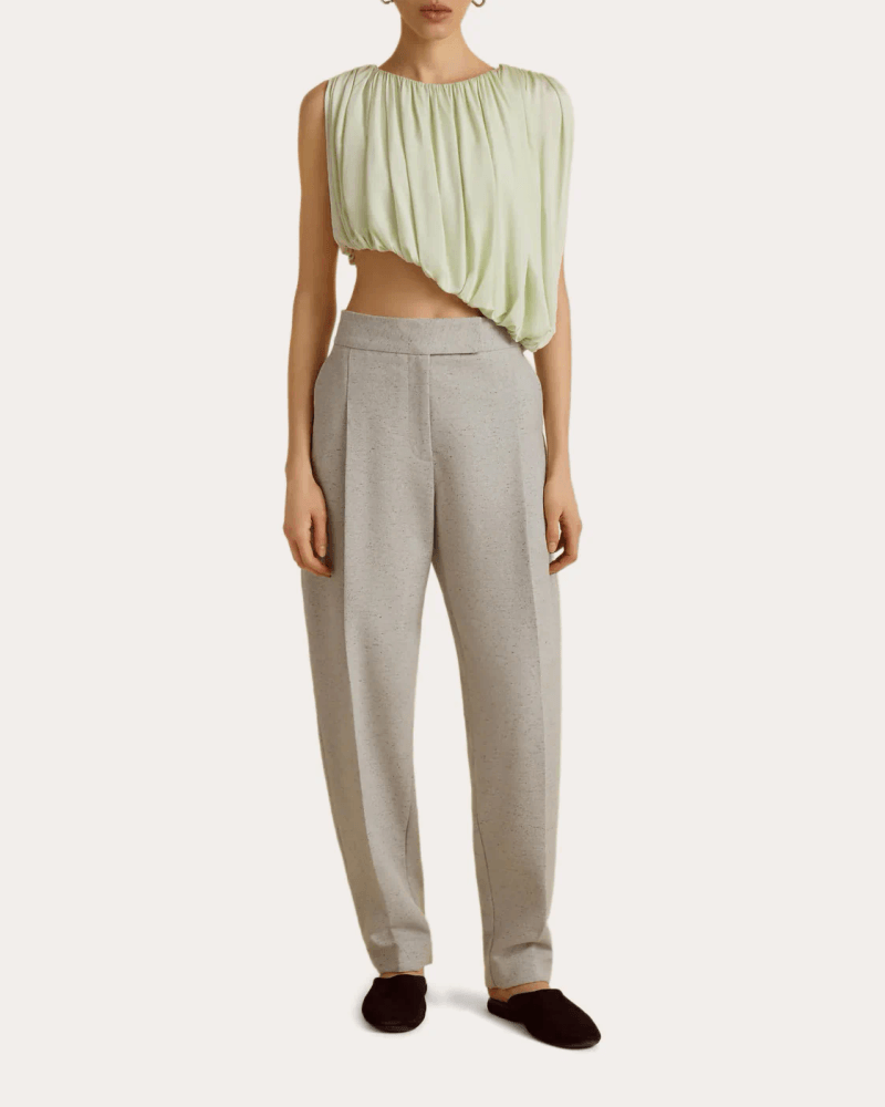 Marina Moscone Women's Jersey Gathered Drape Asymmetric Crop Top in Green Viscose/Elastane
