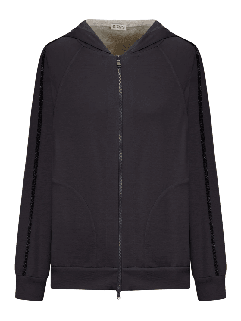 COTTON AND SILK INTERLOCK TOPWEAR WITH HOOD AND PRECIOUS STRIPE - Brunello Cucinelli - Woman