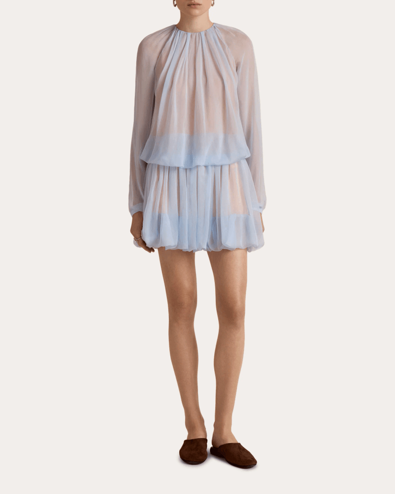 Marina Moscone Women's Silk Chiffon Gathered Long-Sleeve Blouse in Blue