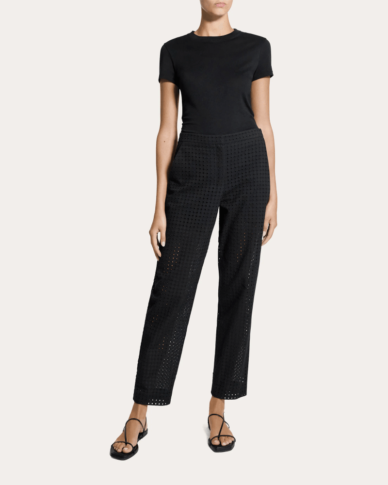 Theory Women's Embroidered Eyelet Cotton Easy Slim Pants in Black