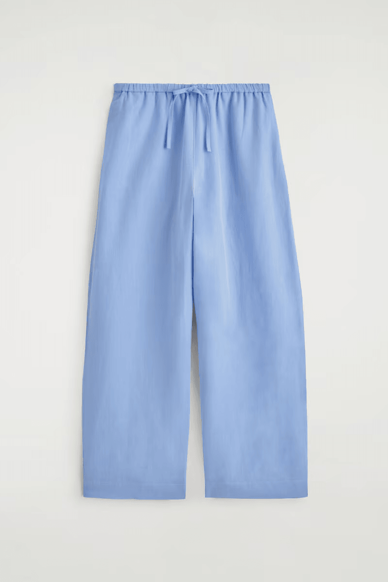 Wide-Leg Linen Drawstring Pants in Light Blue