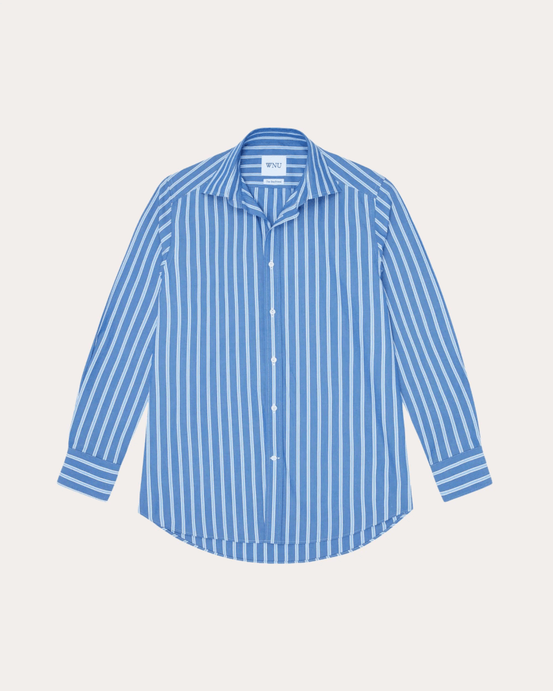 With Nothing Underneath Women's The Boyfriend Stripe Organic Poplin Shirt in Blue Multi Stripe Cotton
