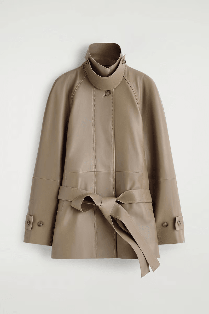 Funnel-Neck Short Leather Trench Jacket