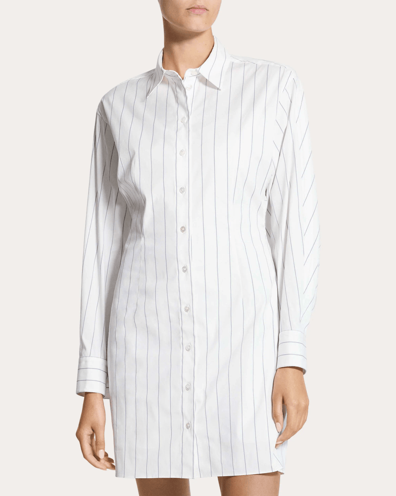 Theory Women's Stripe Poplin Articulated Shirt Dress in White Cotton/Nylon/Spandex