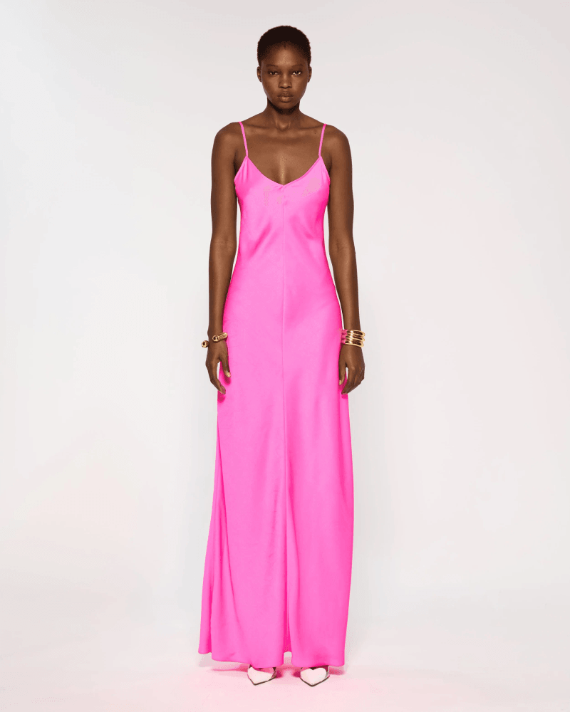 Crinkled Satin Slip Dress - Shocking Pink