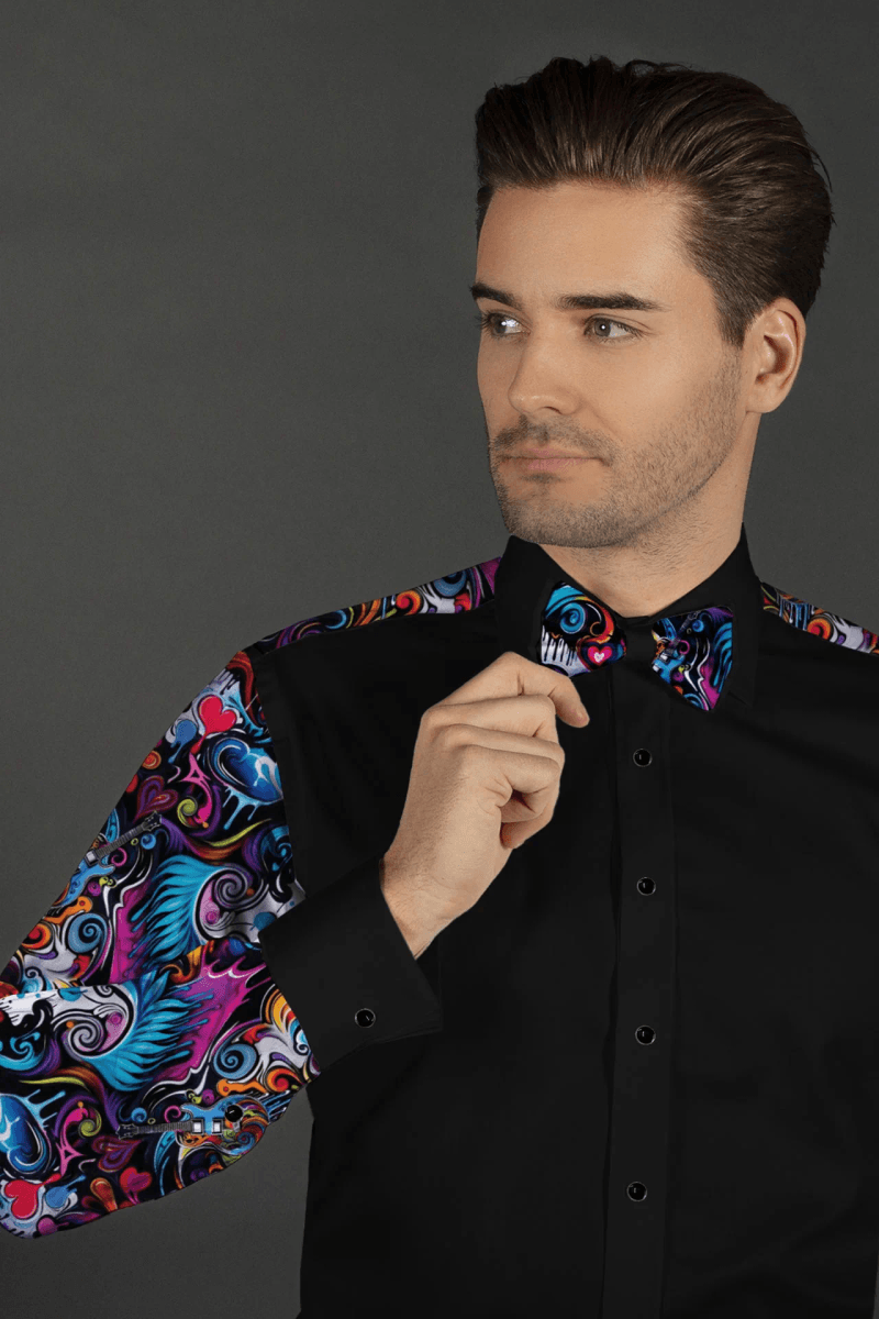 GRAFFITI PRINT MEN'S TUXEDO SHIRT WITH BOW TIE