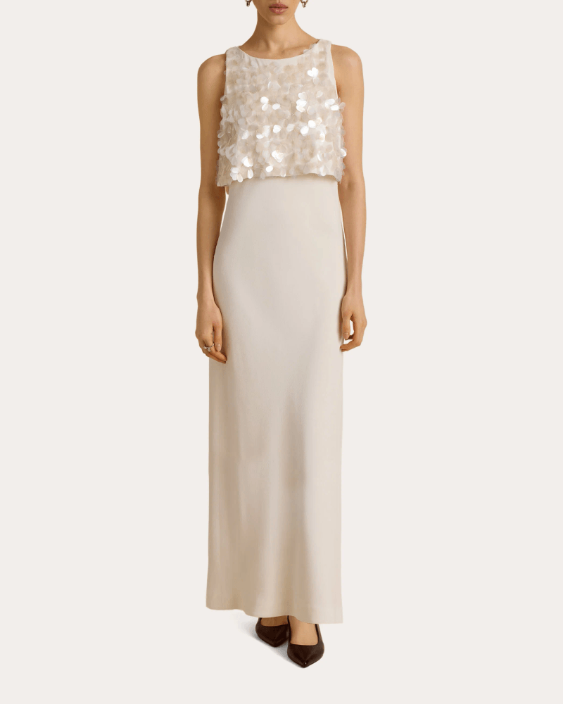 Marina Moscone Women's Sequin Paillette Crepe Bias Column Dress in White Viscose/Elastane