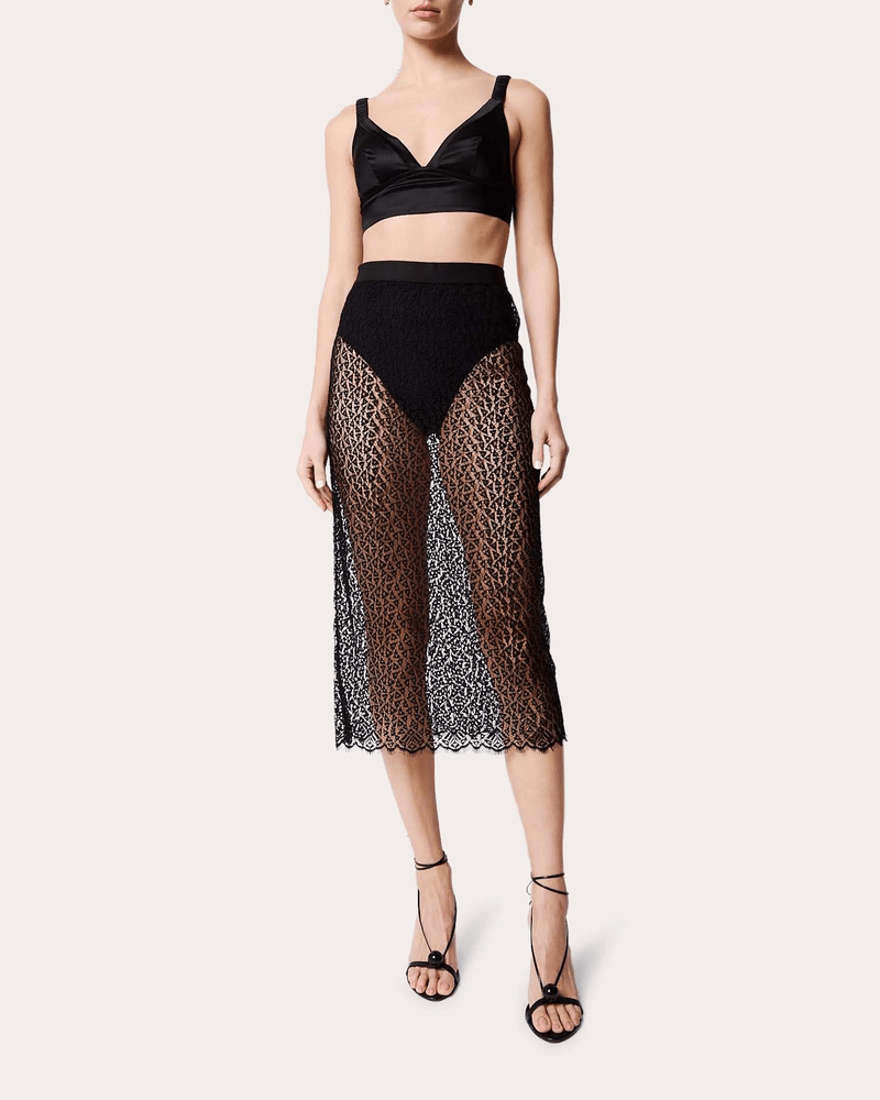 ROMUṠE Women's Tango Sheer Chantilly Lace Skirt in Black Cotton/Polyester