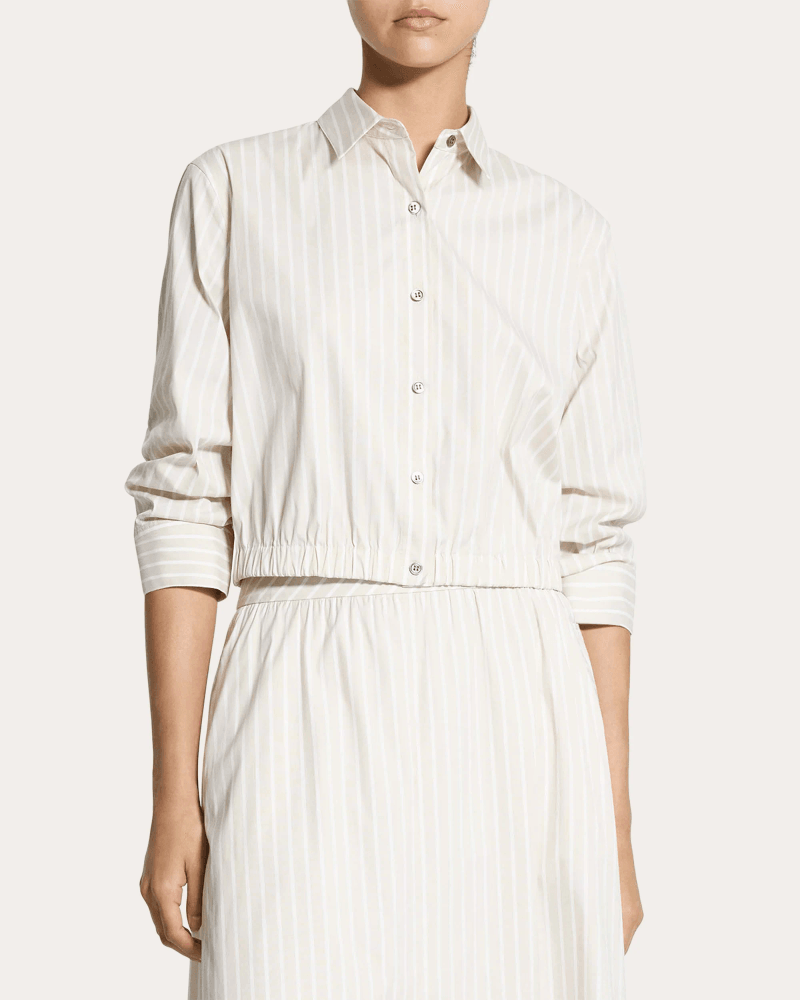 Theory Women's Stripe Cotton Scrunched Crop Button-Up Top in Neutral Cotton/Nylon/Spandex
