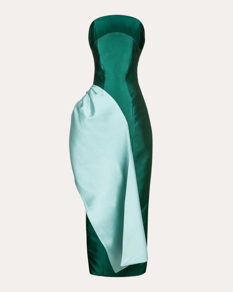 byVarga Women's Pearl Satin Gathered Drape Strapless Dress in Green Polyester/Silk