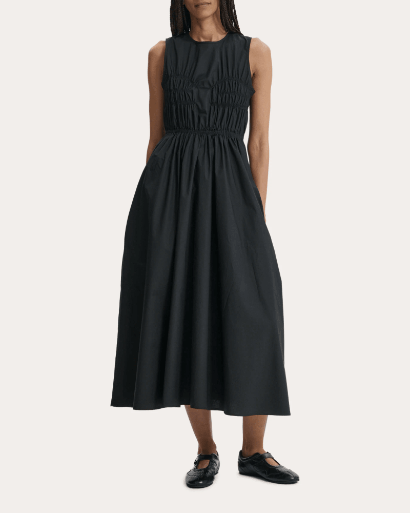 Cecilie Bahnsen Women's Christy Cotton Shirred Midi Dress in Black