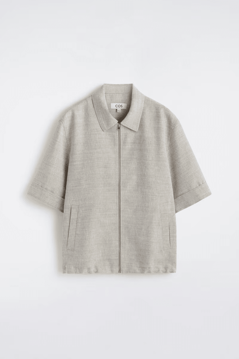Linen-Wool Short-Sleeved Zip-Up Shirt in Gray