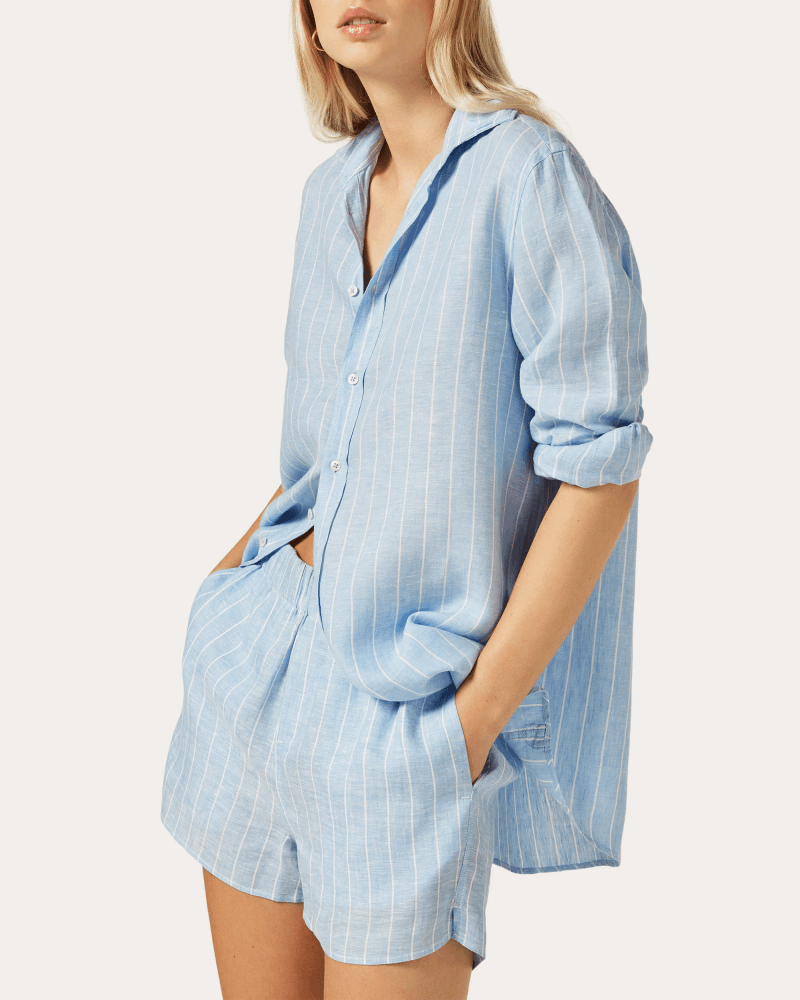 With Nothing Underneath Women's The Boyfriend Stripe Linen Shirt in Sky Blue Stripe