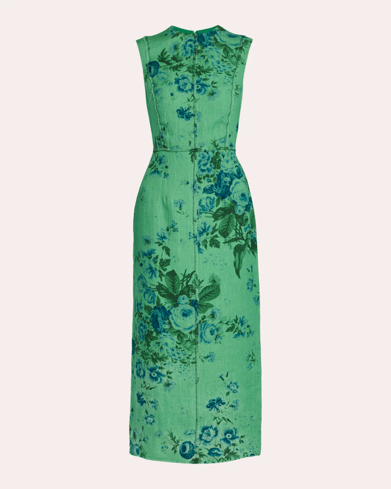 ERDEM Women's Floral Linen Pencil Midi Dress in Green Linen/Acetate/Silk
