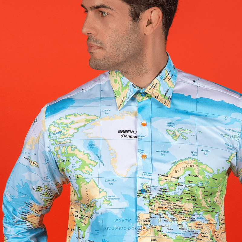 TENCEL WORLD MAP BLUE PRINT SHIRT