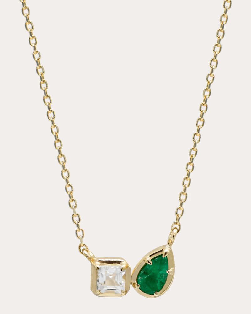 Anzie Women's Topaz & Emerald Mélia Toi et Moi Necklace in Clear Topaz And Emerald 14K Gold