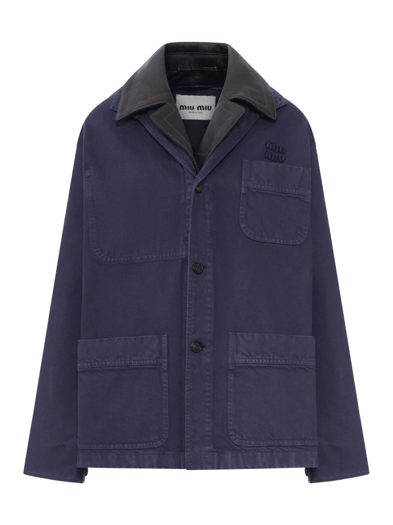 SINGLE-BREASTED GABARDINE AND LEATHER JACKET - Miu Miu - Woman