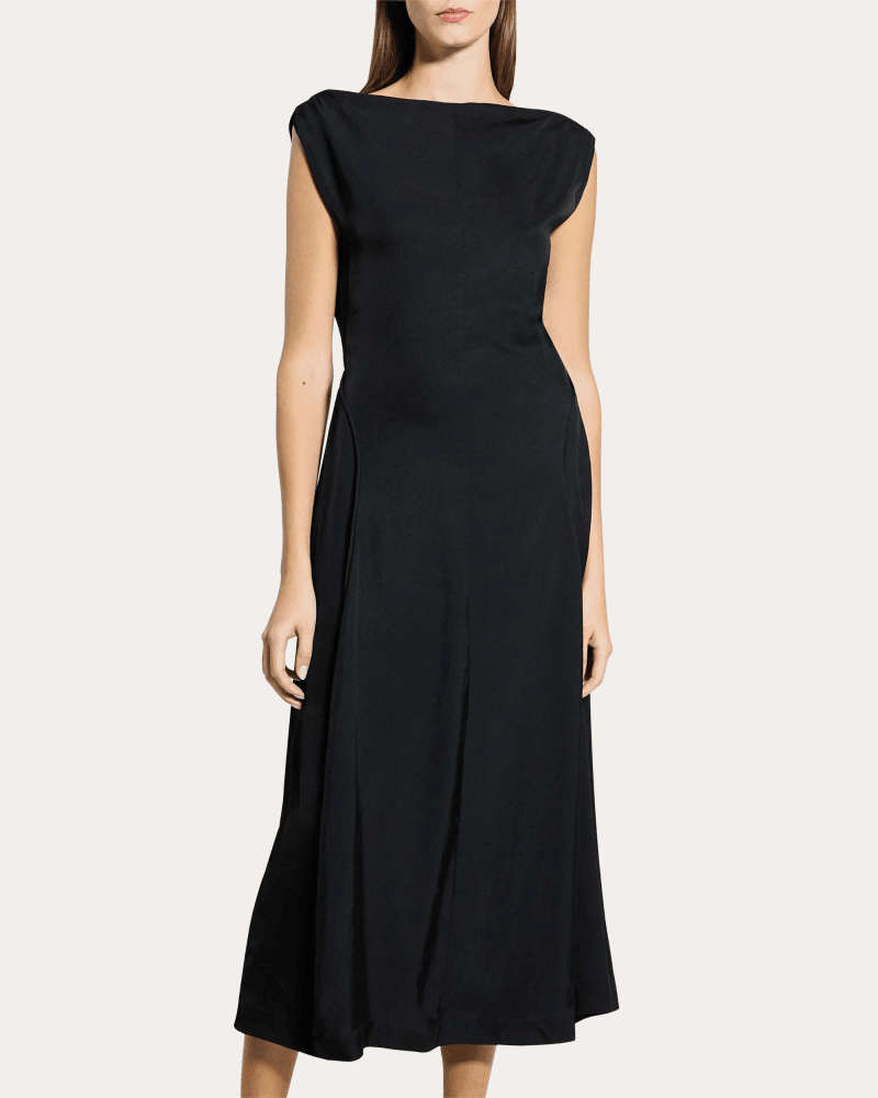 Theory Women's Washed Twill Boatneck Parachute Midi Dress in Black Acetate
