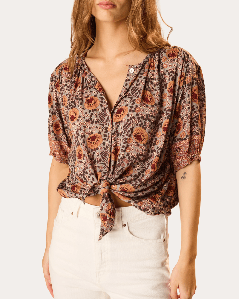 Natalie Martin Women's Violet Floral Gathered Button-Up Top Rayon