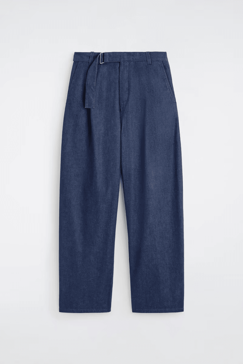 Belted Denim Relaxed-Fit Barrel-Leg Trousers in Blue